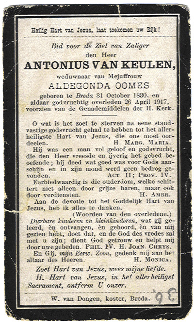 Achterkant bidprentje van Antonius Hendrikus van Keulen Achterkant bidprentje van Antonius Hendrikus van Keulen