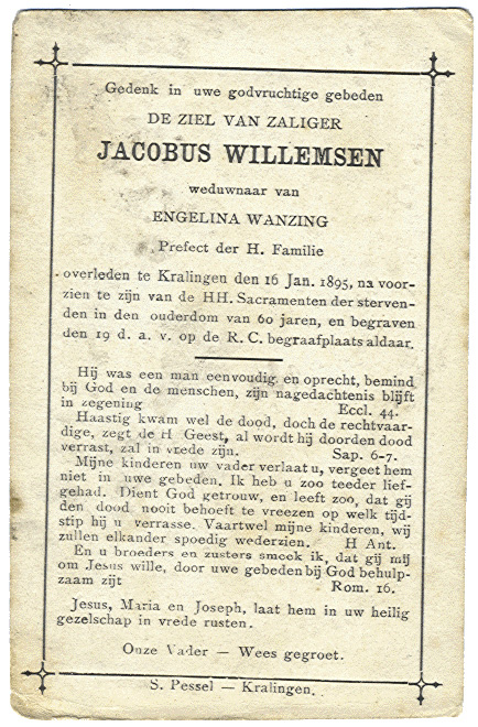 Achterkant bidprentje van Jacobus Willemsen Achterkant bidprentje van Jacobus Willemsen