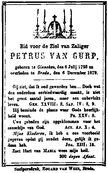 Achterkant bidprentje van Petrus van Geurp (Gurp) Achterkant bidprentje van Petrus van Geurp (Gurp)